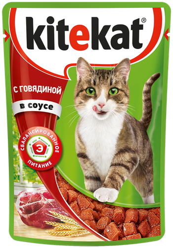 Корм консервированный для взрослых кошек Kitikat Сочная говядина с говядиной в соусе 85 г