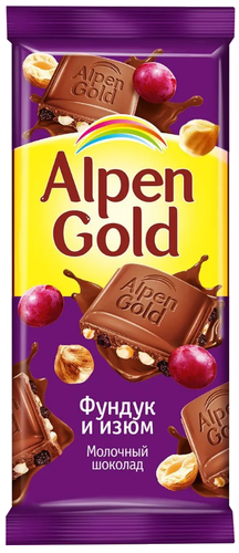 Шоколад молочный Alpen Gold с фундуком и изюмом 85 г